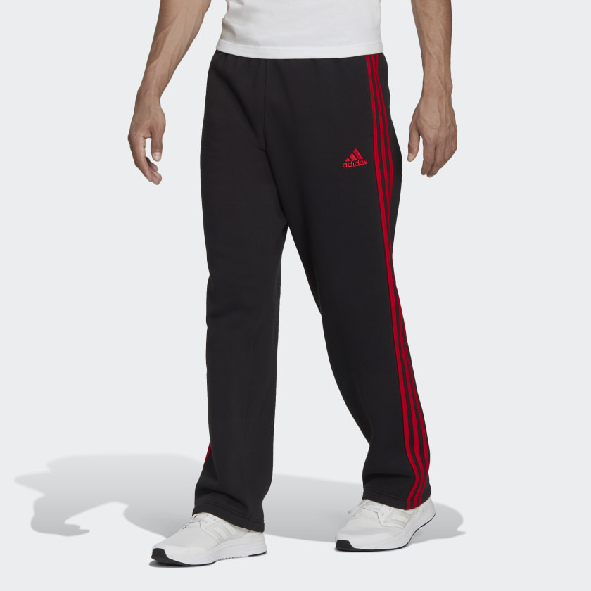 adidas Essentials Fleece Open Hem 3-Stripes Pants - Black | adidas US