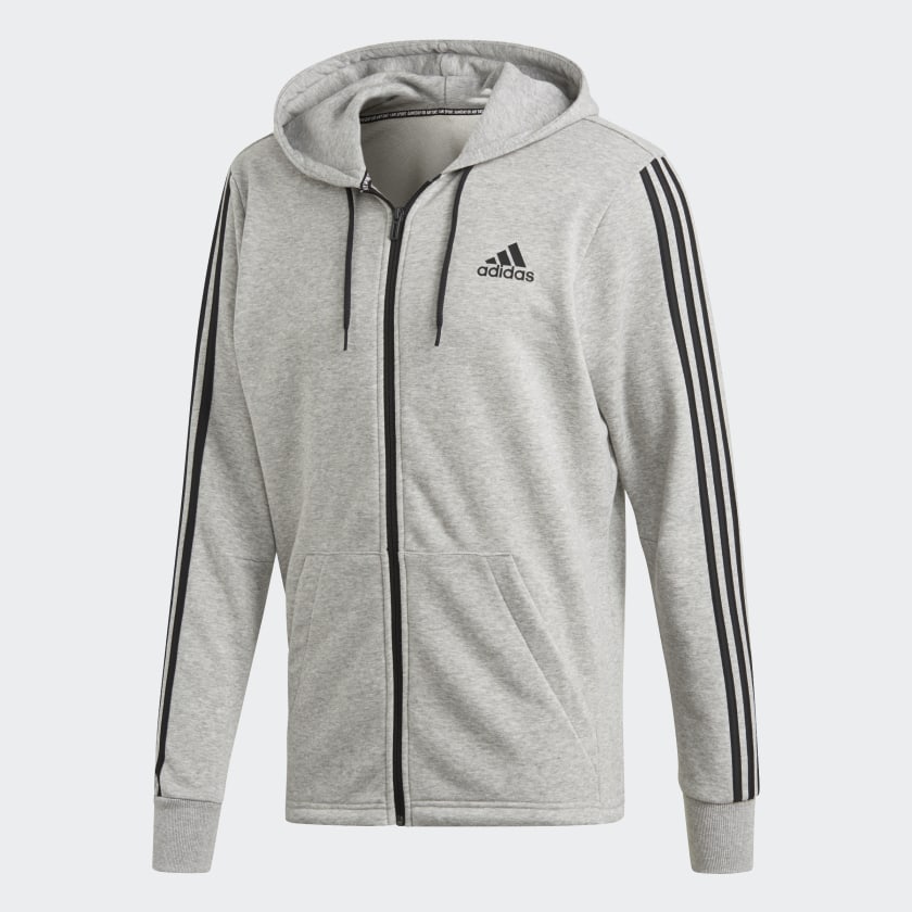 grey adidas jacket with white stripes