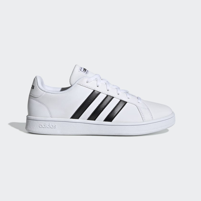 adidas white shoes with black stripes on one side