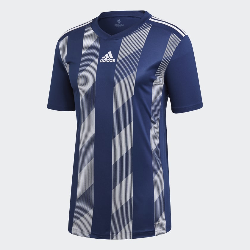 blue and white striped soccer jersey
