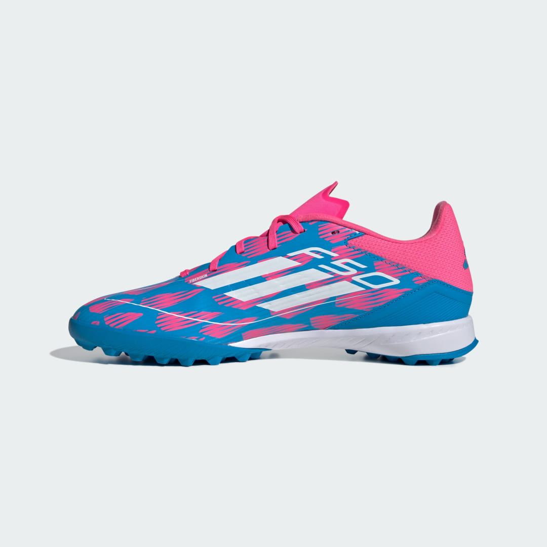 

adidas Calzado de Fútbol F50 League Pasto Sintético Unisex, Solar azul/blanco/solar rosa