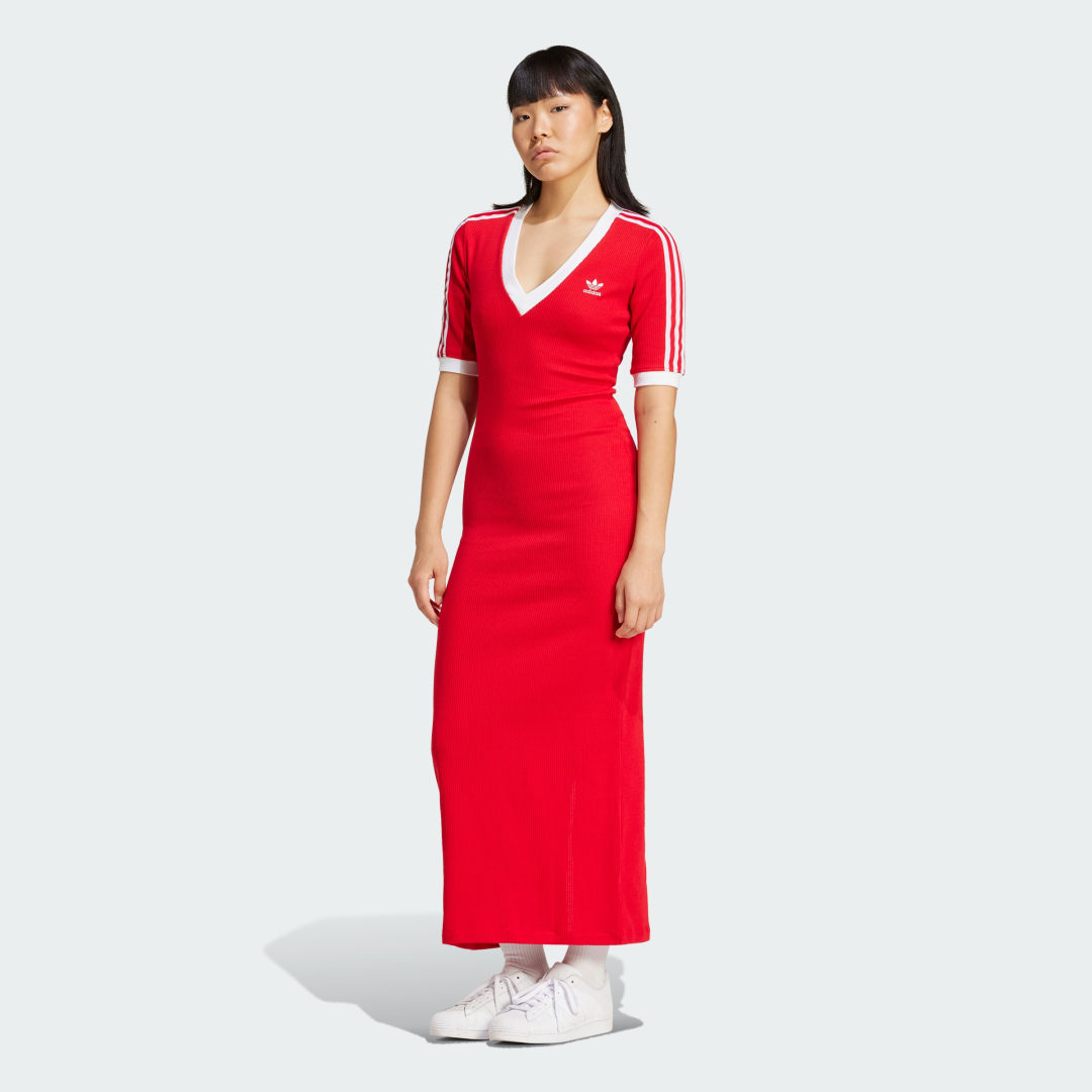Adidas Originals Sportieve Rode Gebreide V-Hals Jurk Red Dames