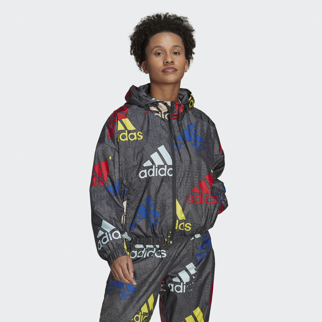 adidas Essentials Multi-Colored Logo Loose Fit Windbreaker Carbon XS Womens