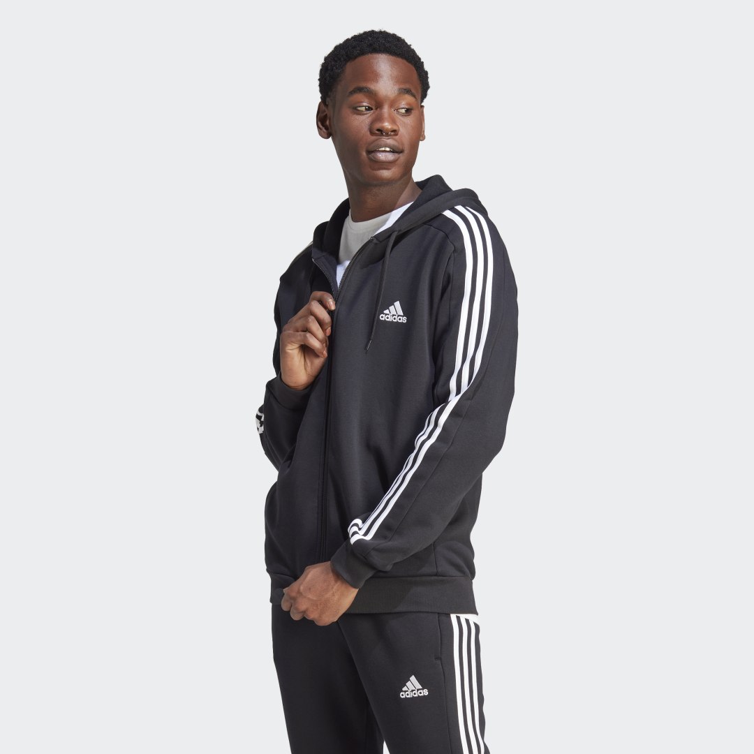adidas Essentials Fleece 3-Stripes Full-Zip Hoodie Black L Mens