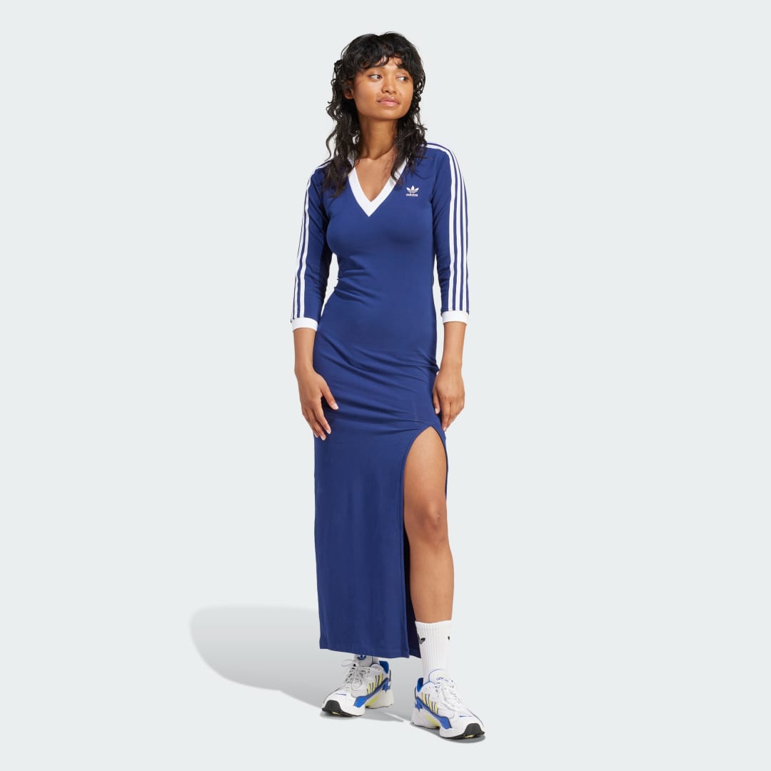 Adidas Originals Blauw en wit damesjurk met driestreep V-hals Blue Dames