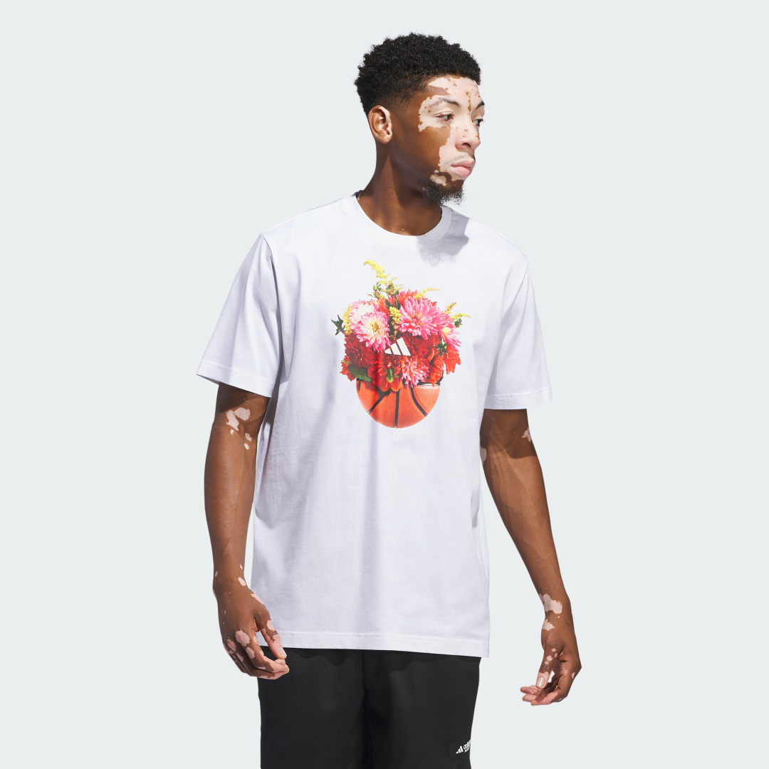 Image of adidas Floral Hoops Graphic Tee White S - Men Basketball Shirts