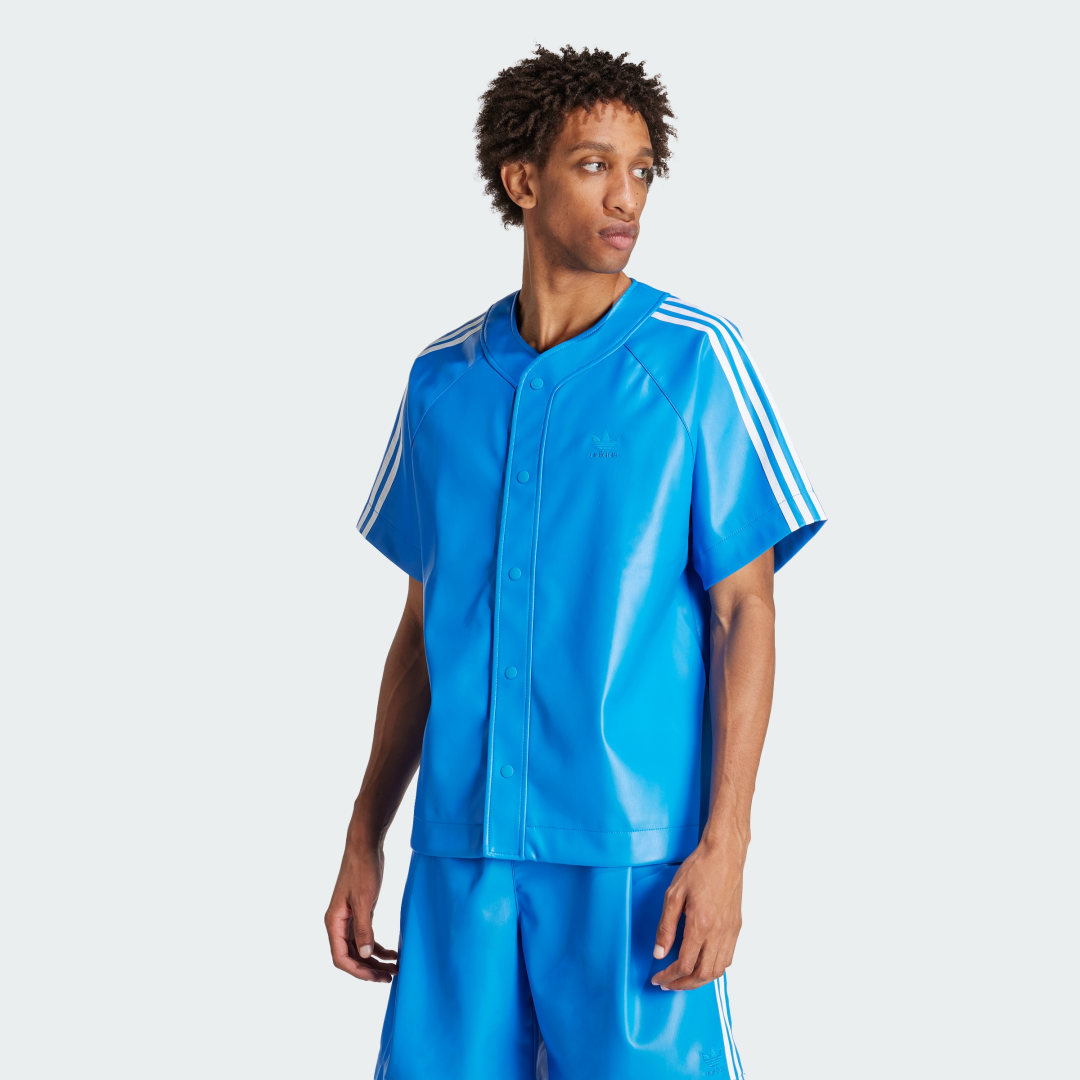 Image of adidas Faux Leather Adicolor 3-Stripes Baseball Shirt Blue Bird S - Men Lifestyle Shirts