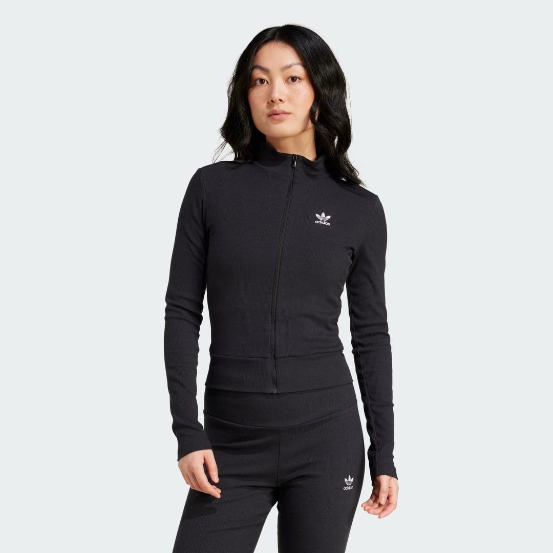 Adidas Originals Essential Ribbed Long Sleeve Full Zip Top Black- Dames Black