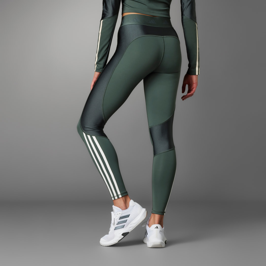adidas Training Hyperglam full length leggings with high shine contrast  panels in green