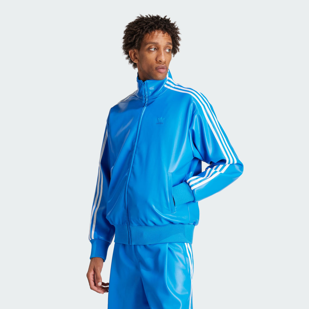 Image of adidas Faux Leather Adicolor 3-Stripes Loose Firebird Track Suit Jacket Blue Bird S - Men Lifestyle Jackets,Track Tops