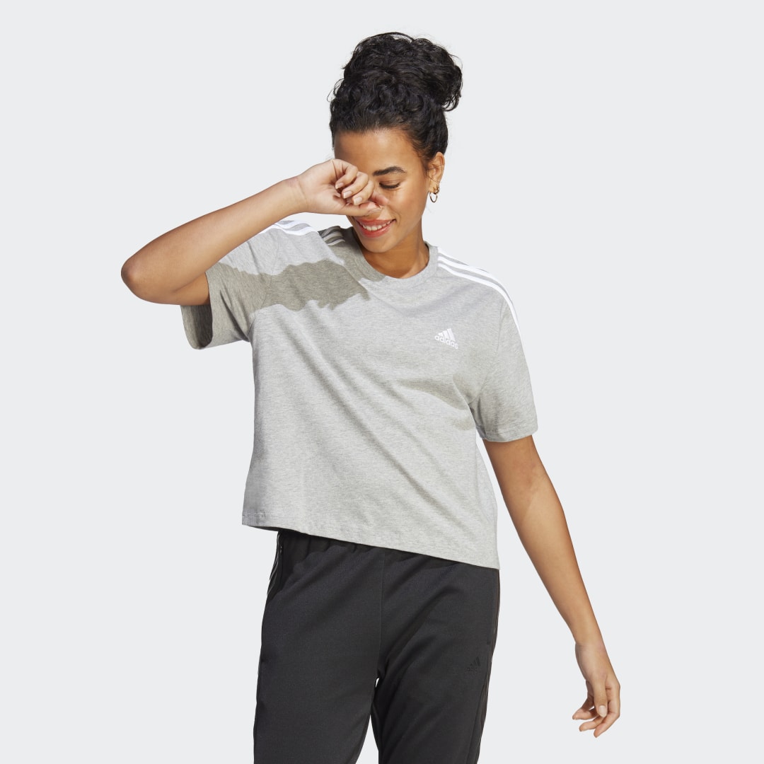 Image of adidas Essentials 3-Stripes Single Jersey Crop Top Grey L - Women Lifestyle Shirts