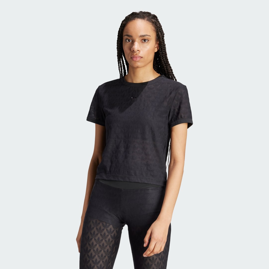 Image of adidas Fashion Monogram Lace Cropped Tee Black XS - Women Lifestyle Shirts