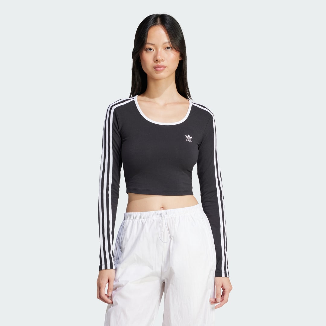 Adidas Originals 3-Stripes Scoop Long Sleeve Crop Top Zwart- Dames Zwart