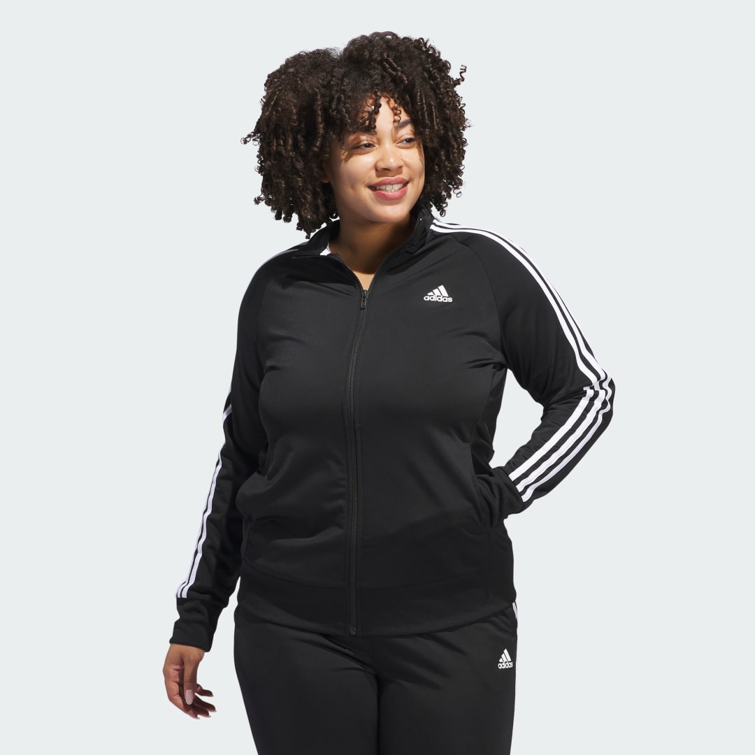 Image of adidas Essentials Warm-Up Tricot Slim 3-Stripes Track Jacket (Plus Size) Black 2X - Women Lifestyle Track Tops,Tracksuits