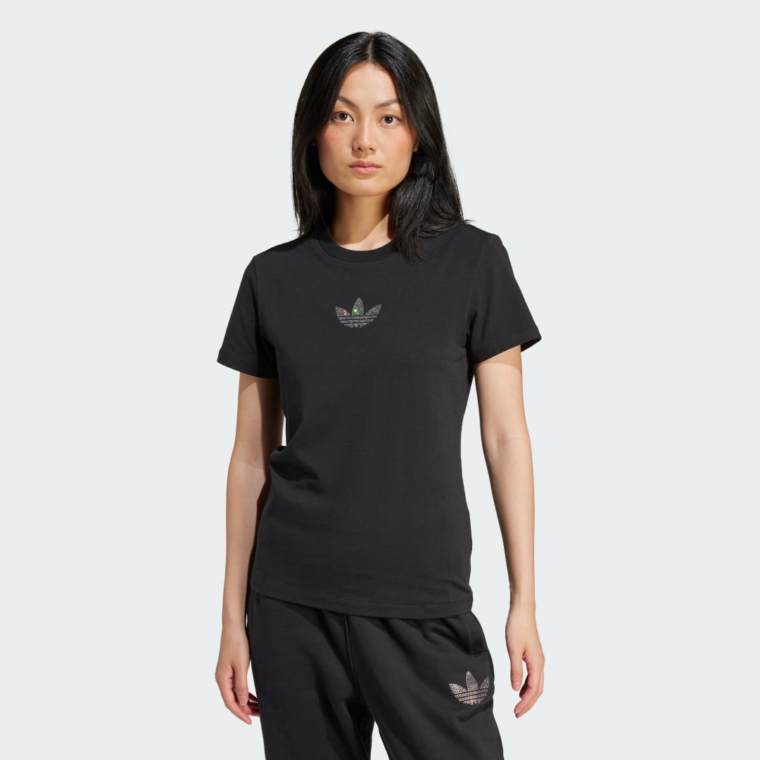 Adidas Originals Zwart Premium Essentials Dames T-shirt met Fonkelende Klaverblad Black Dames