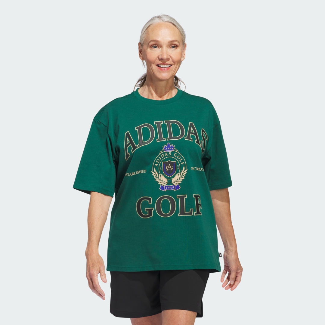 Image of adidas Go-To Crest Graphic Boyfriend Tee Green XL - Women Golf Shirts