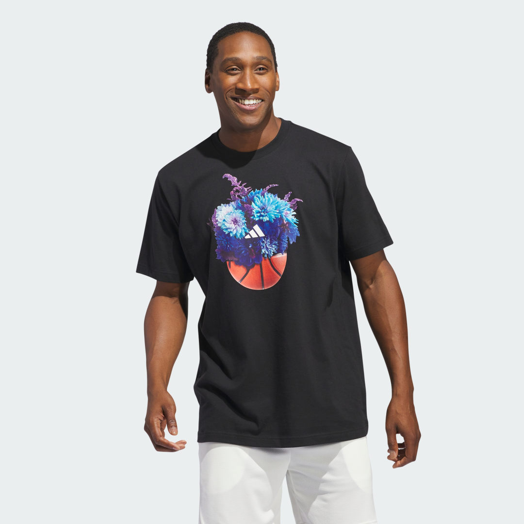 Image of adidas Floral Hoops Graphic Tee Black S - Men Basketball Shirts