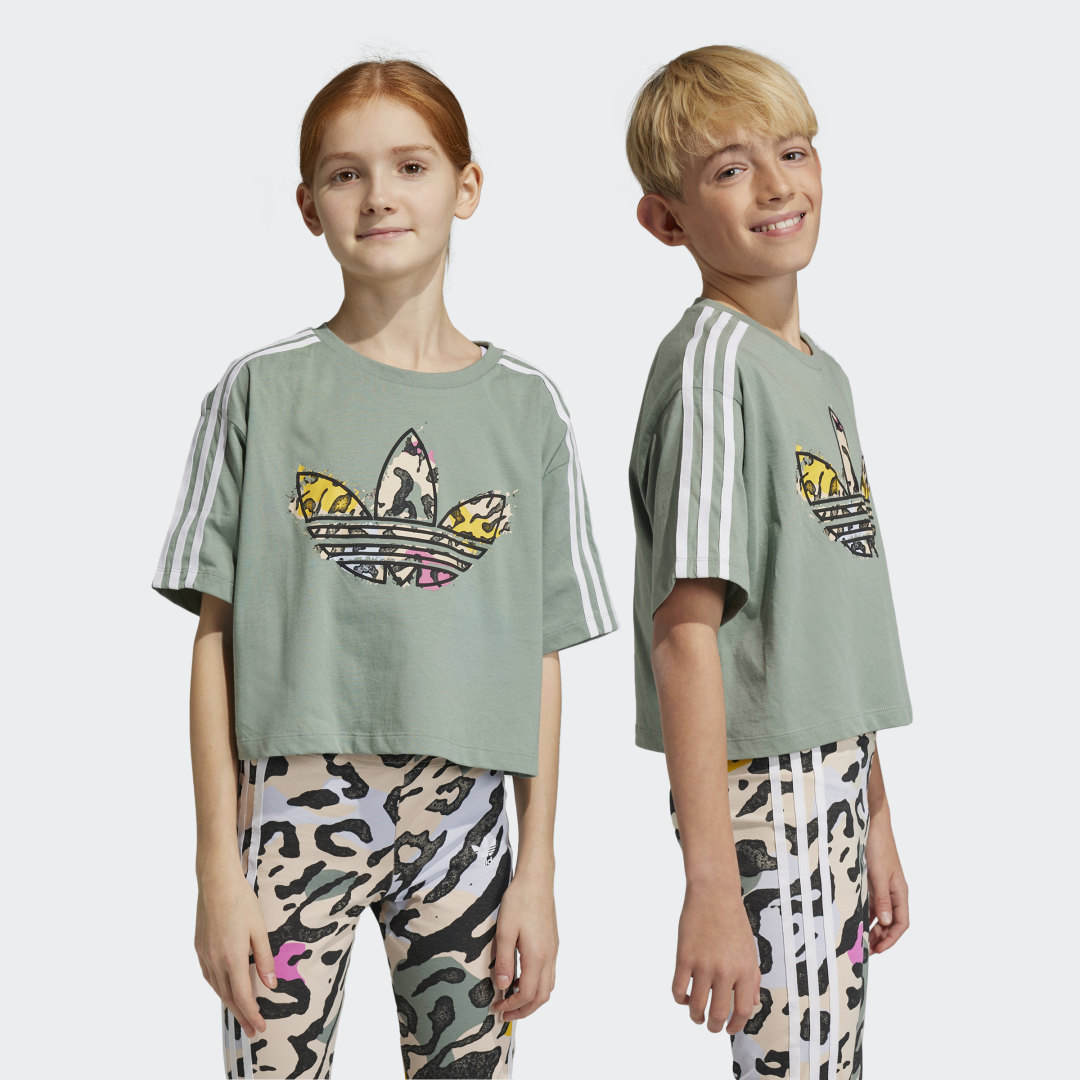Image of adidas Animal Print Crop Tee Silver Green M - Kids Lifestyle Shirts