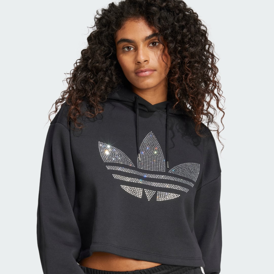 Adidas Rhinestone Trefoil Loose Crop Hoodie