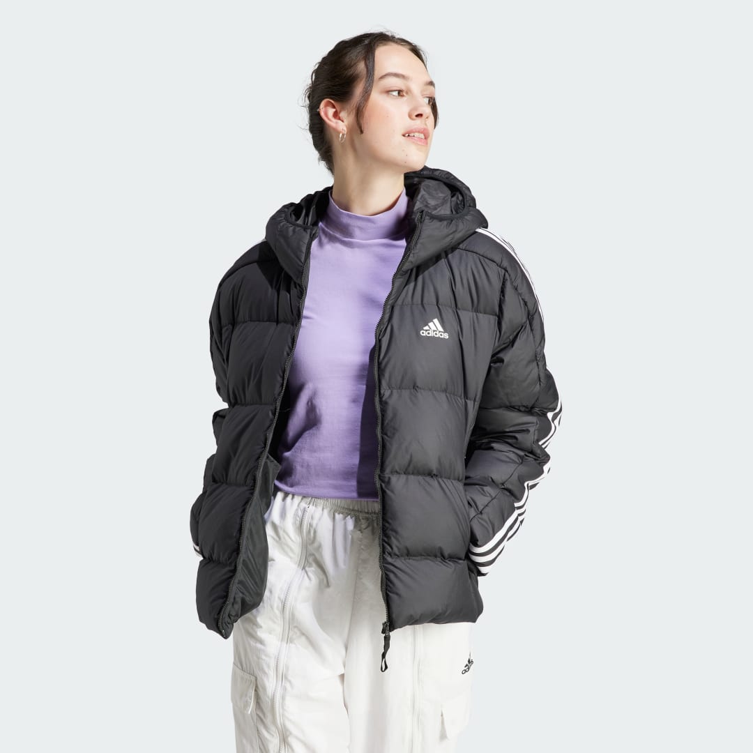 Image of adidas Essentials 3-Stripes Mid Down Hooded Jacket Black XS - Women Lifestyle Jackets