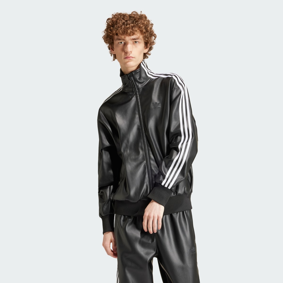 Adidas Faux Leather Adicolor 3 Stripes Loose Firebird Track Suit Jacket