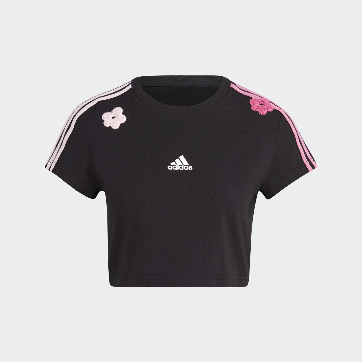 Adidas 3-Stripes Cropped Tee with Chenille Flower Patches. 5