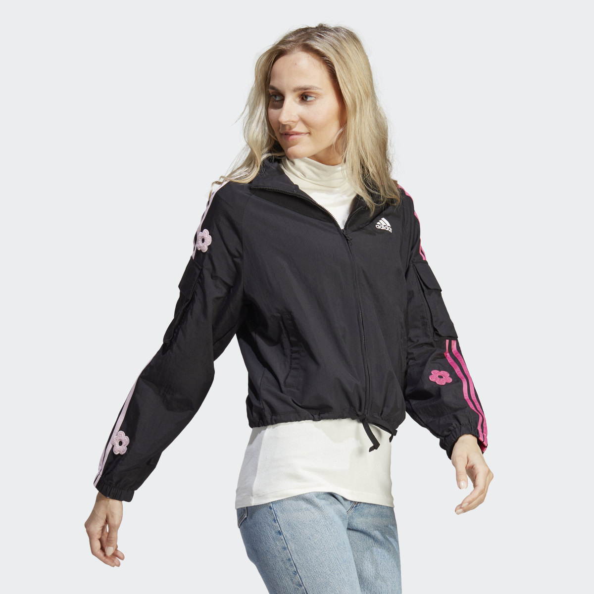 Adidas 3-Stripes Lightweight Jacket with Chenille Flower Patches. 4