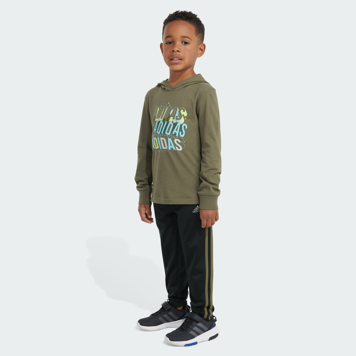 Adidas Two-Piece Long Sleeve Graphic Hooded Tee and Pant Set. 6