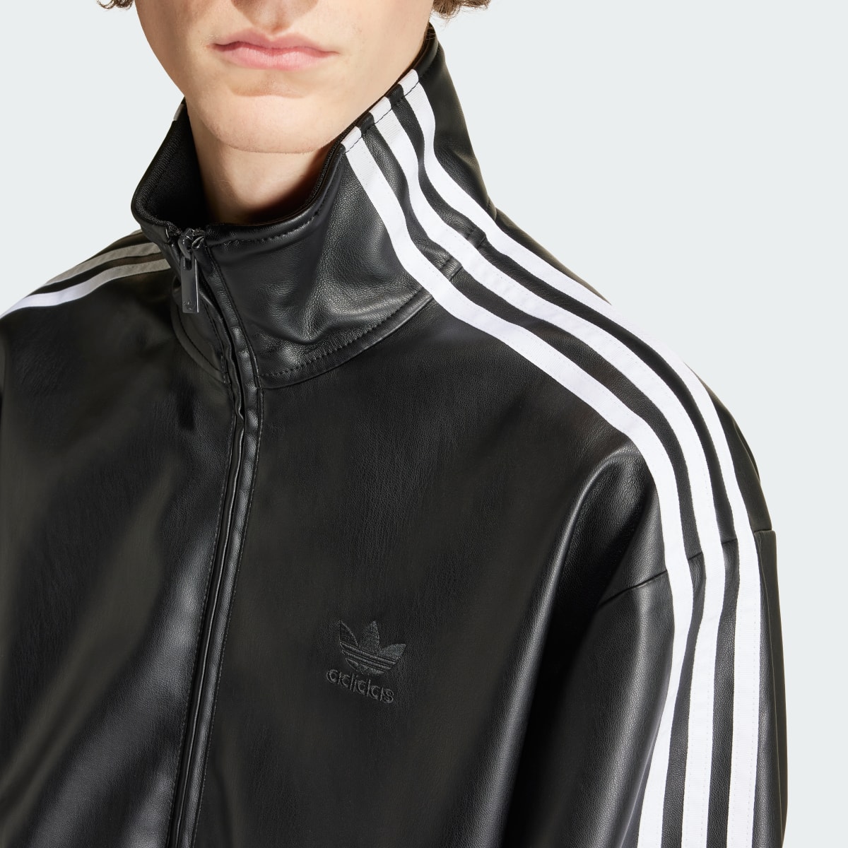 Adidas Faux Leather Adicolor 3-Stripes Loose Firebird Track Suit Jacket. 7