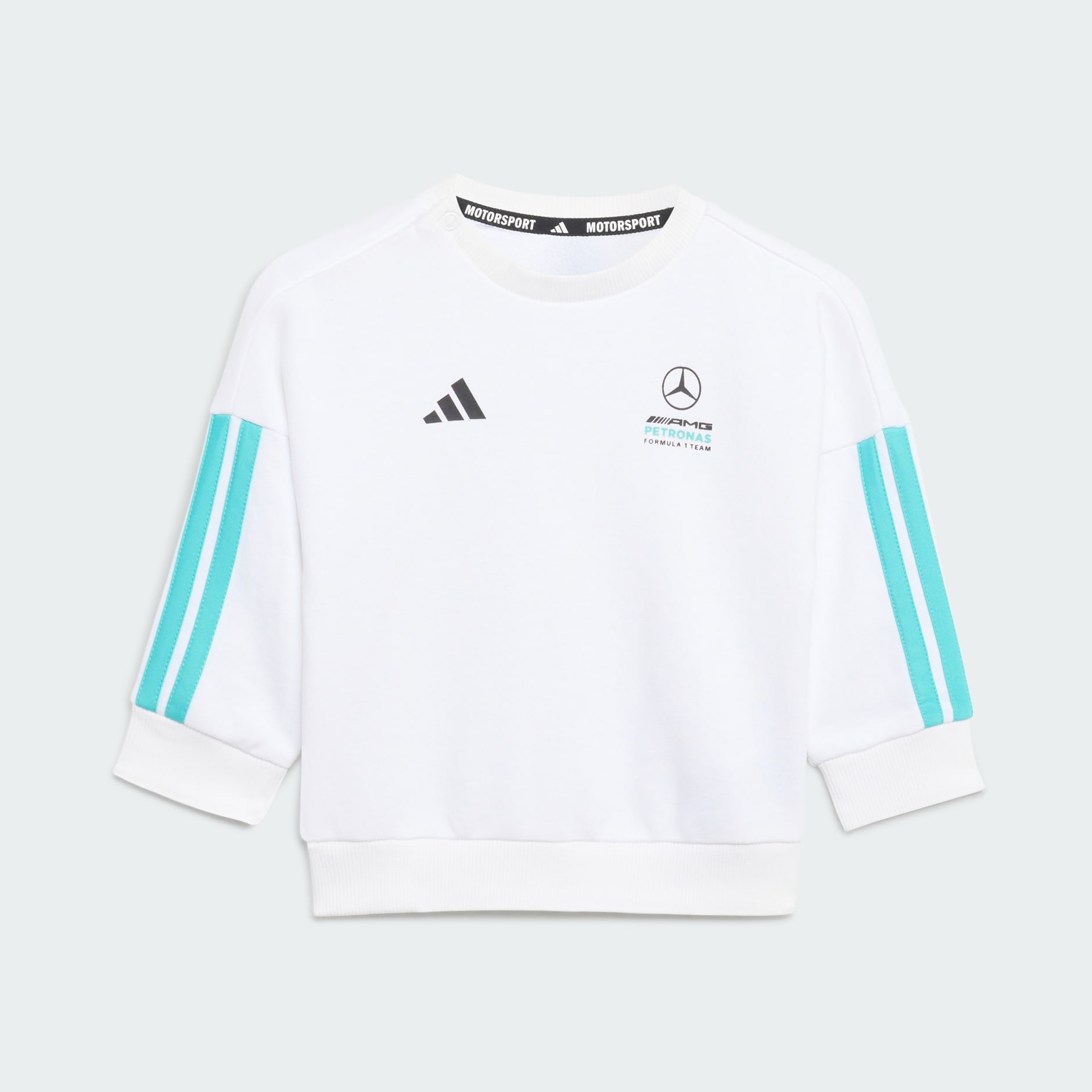 SET MERCEDES-AMG PETRONAS FORMULA 1 TEAM DNA PENTRU BEBELUȘI CU BLUZĂ CU M&Acirc;NECĂ LUNGĂ ȘI PANTALONI SPORT