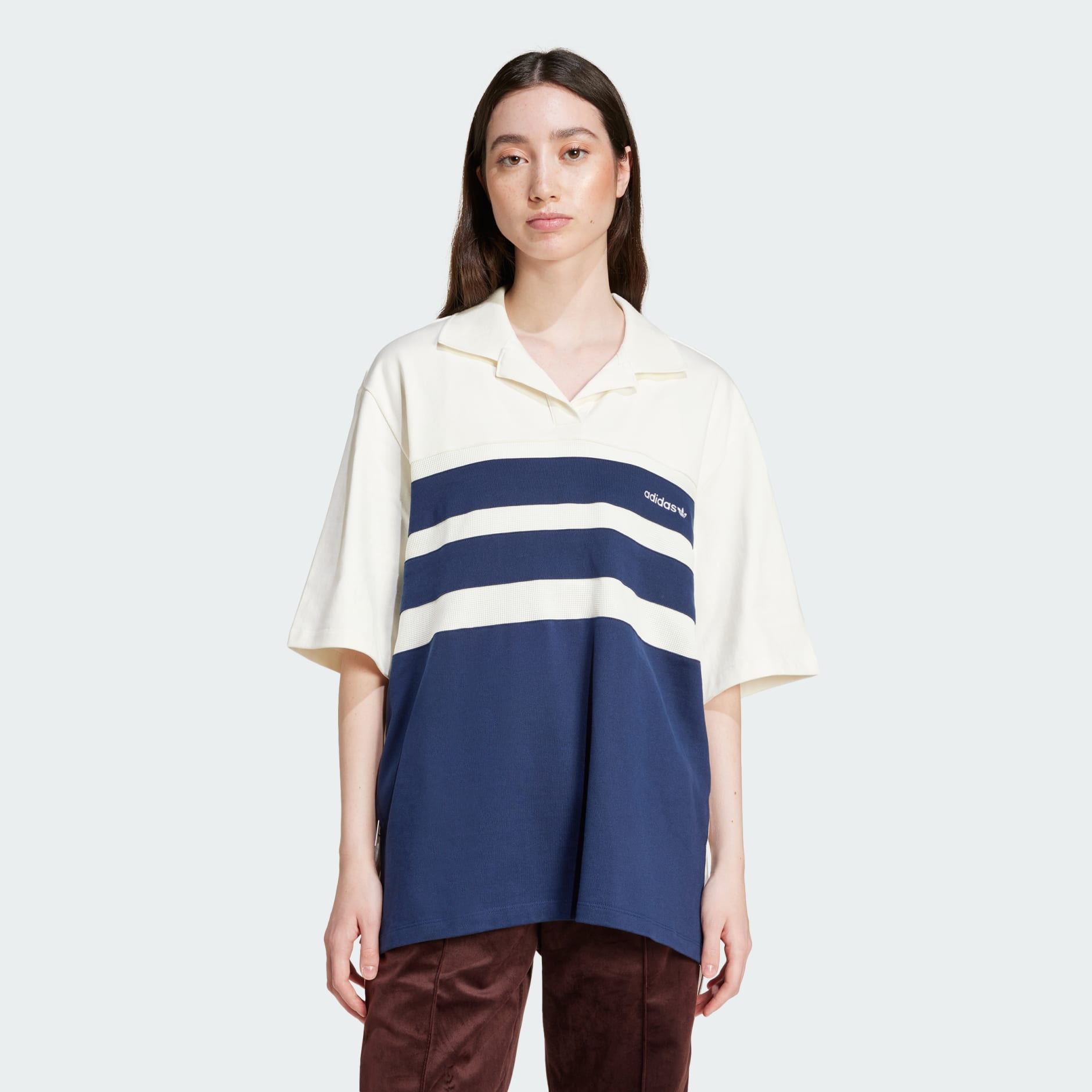 Adidas Originals polo top in off White and indigo stripe Navy