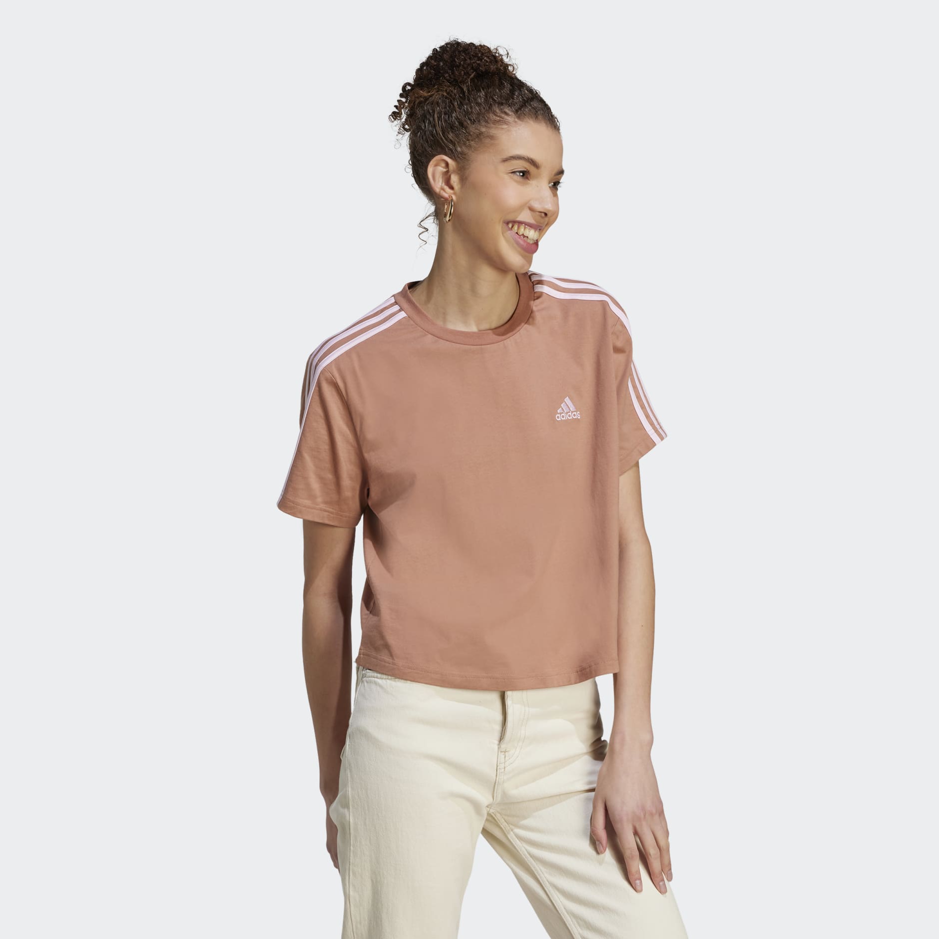 Women's Clothing - Essentials 3-Stripes Single Jersey Crop Top - Brown |  adidas Oman