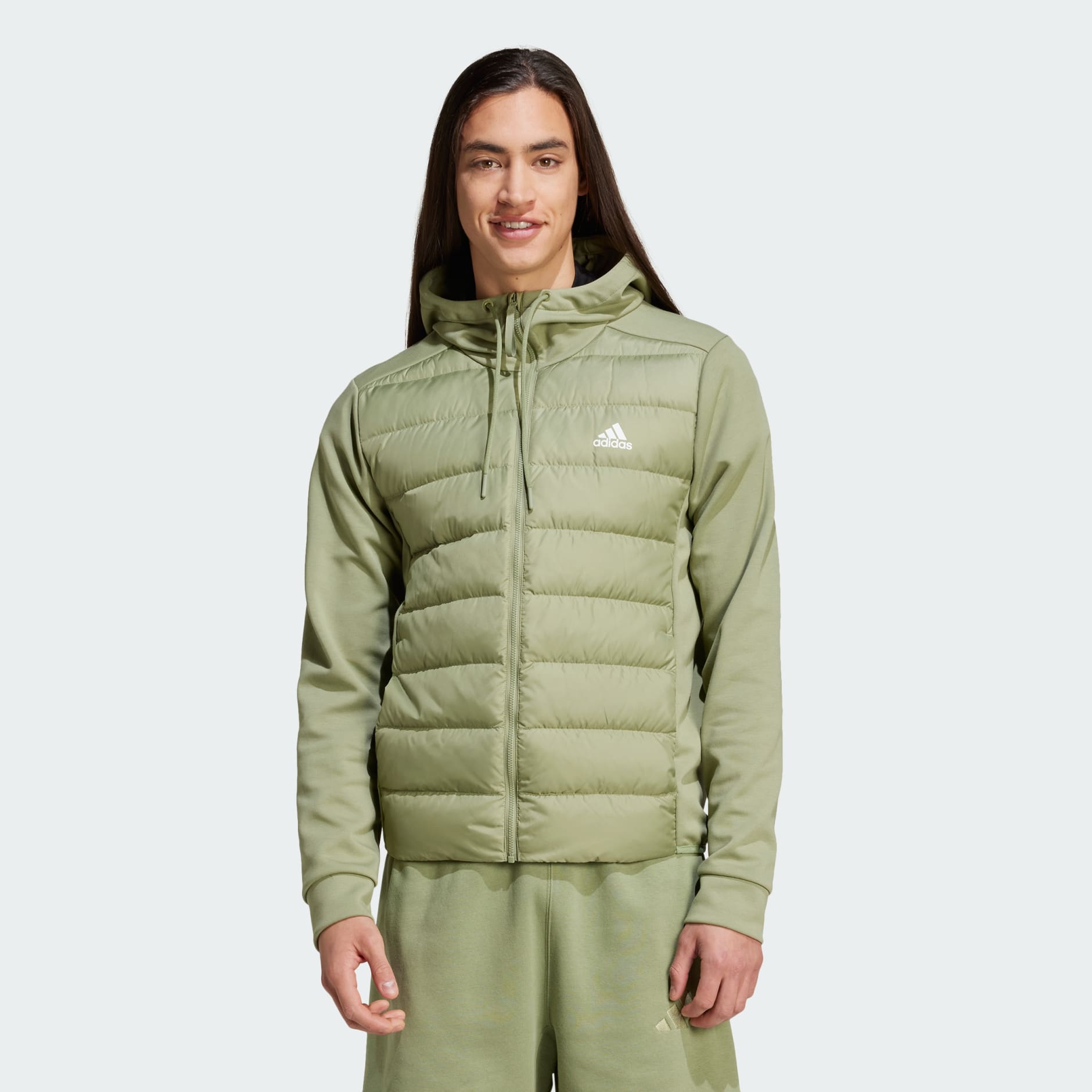 Clothing - Essentials Hybrid Down Hooded Jacket - Green | adidas Kuwait