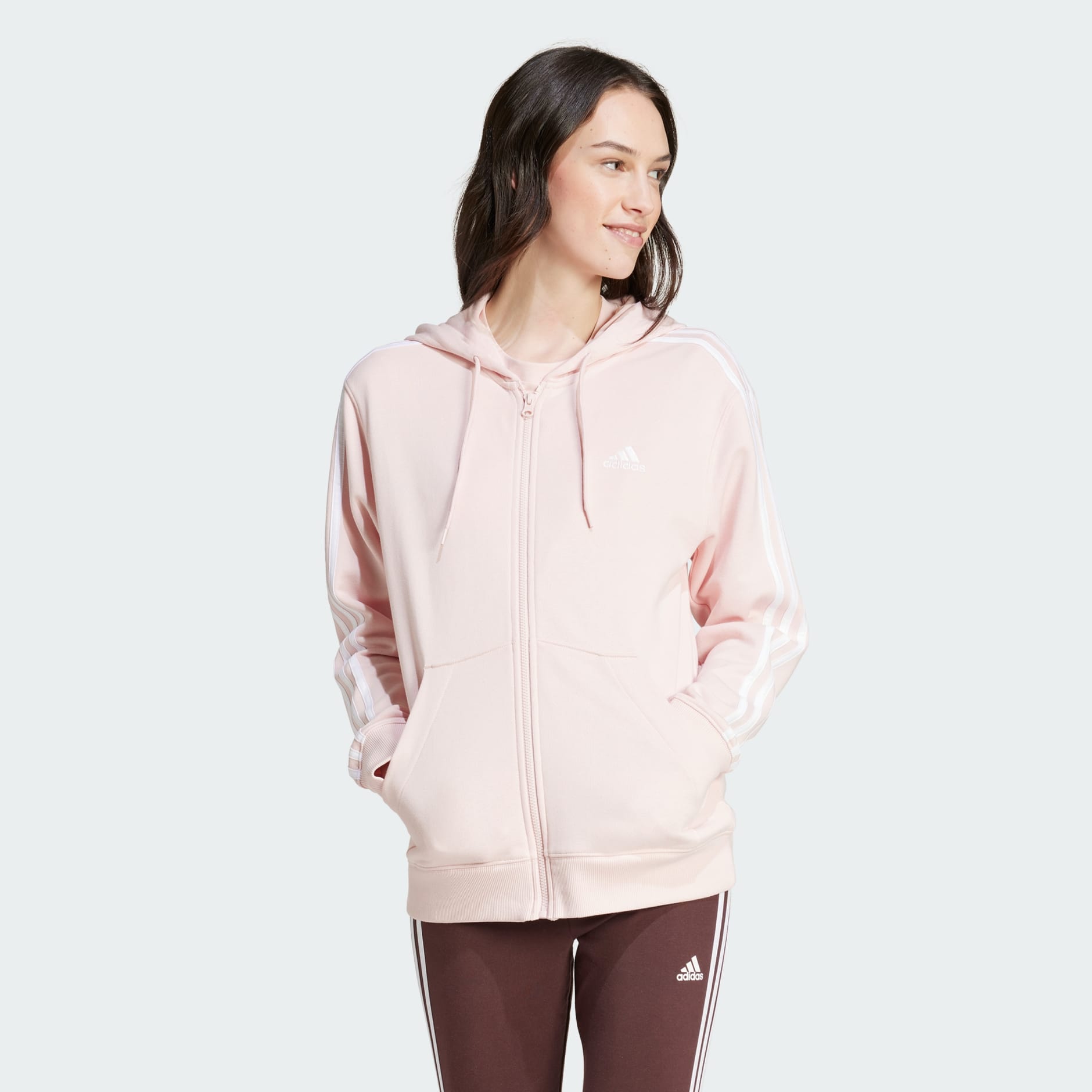 adidas Essentials 3 Stripes French Terry Regular Full Zip Hoodie Pink adidas TZ