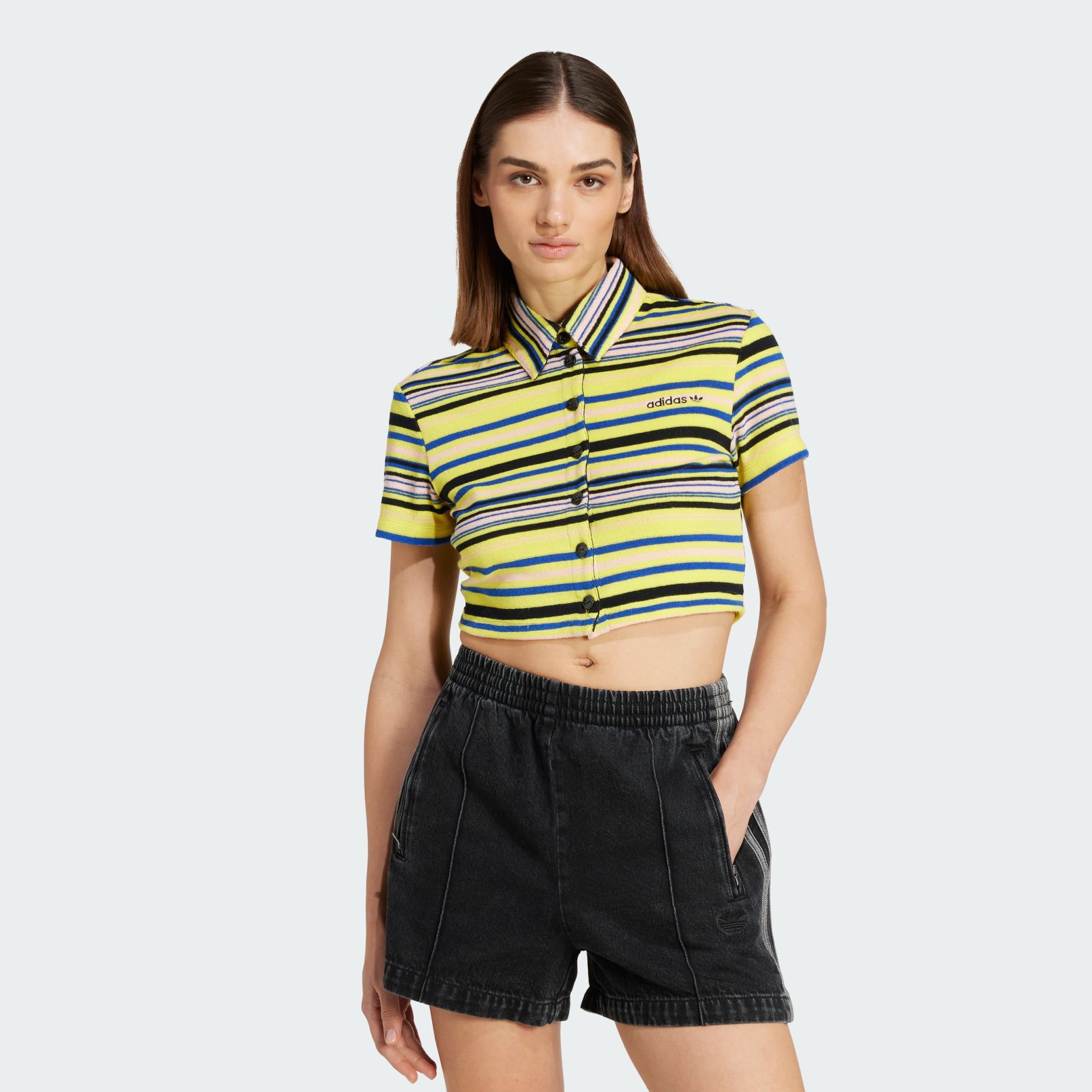 25SS新作スリムフィット【ADIDAS】Towel Button Up Tee adidas Striped Towel Button-Up Tee - White | Free Shipping