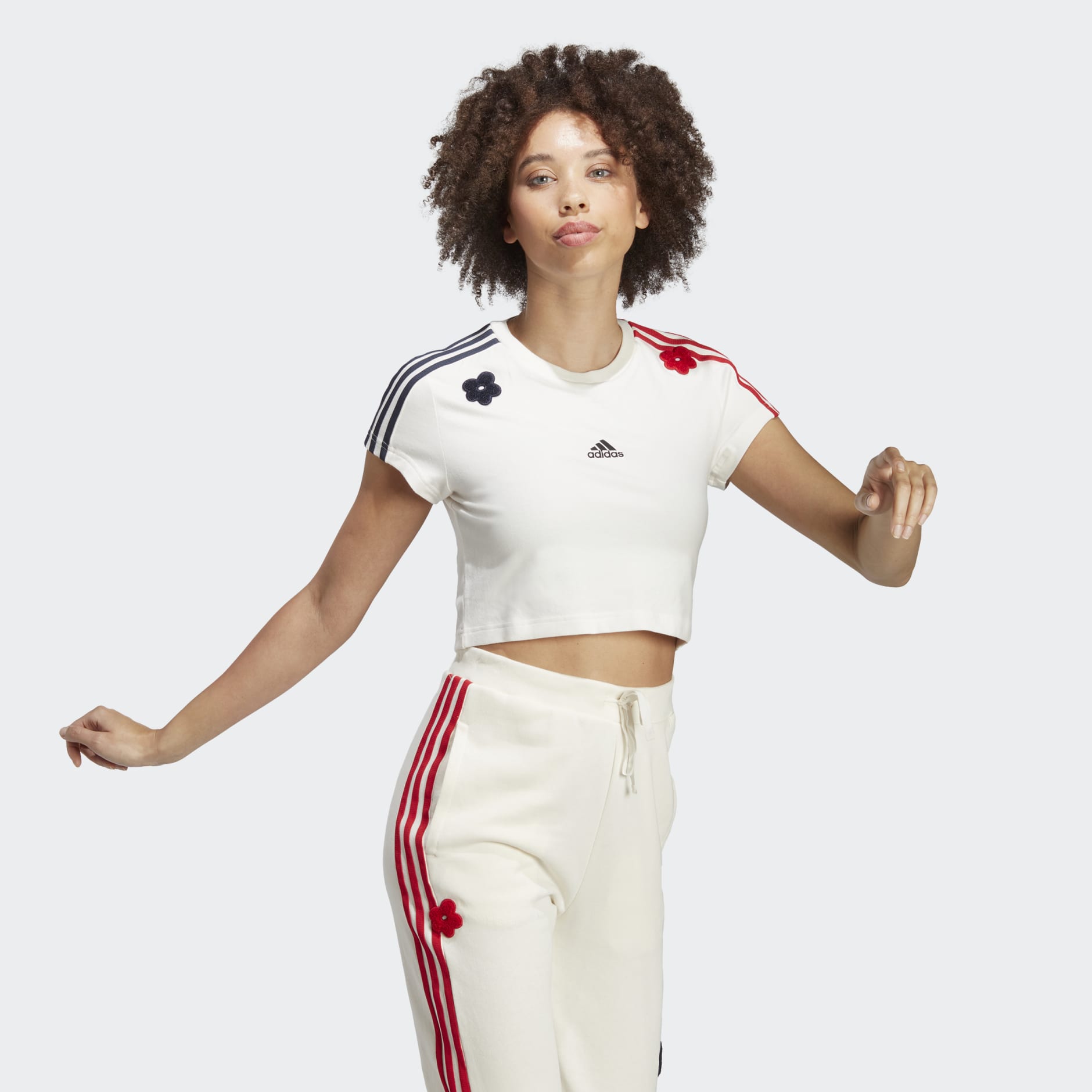 Women's Clothing 3-Stripes Cropped Tee with Chenille Flower Patches White | adidas