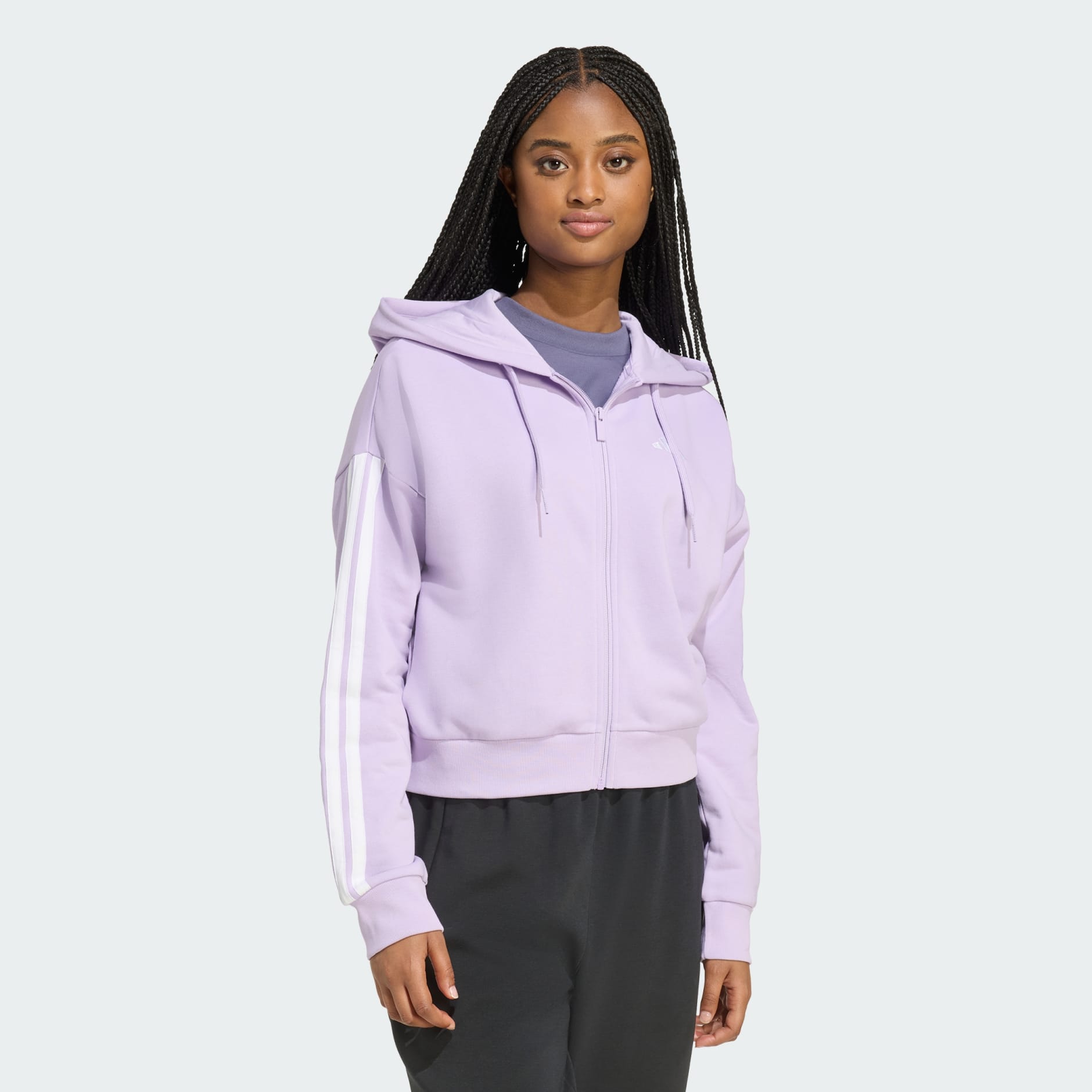 Essentials 3-Stripes French Terry Full-Zip Hoodie - Purple