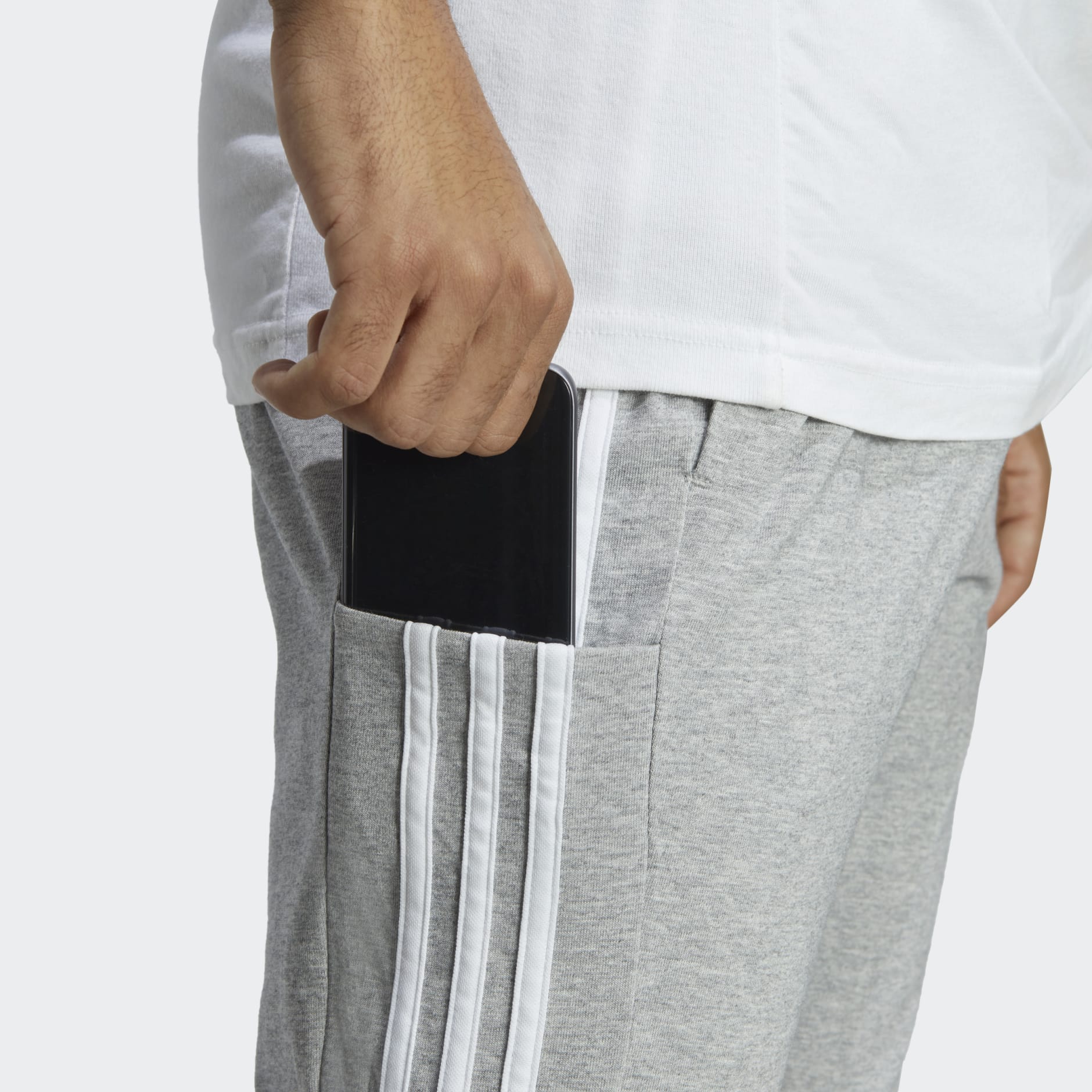 adidas Essentials Single Jersey Tapered Open Hem 3-Stripes Pants - Grey ...