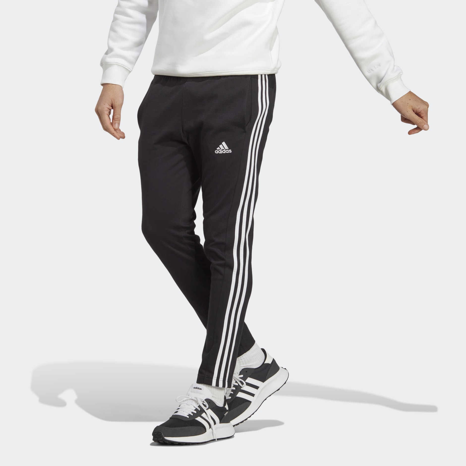adidas Essentials Single Jersey Tapered Open Hem 3-Stripes Pants - Black |  adidas KW