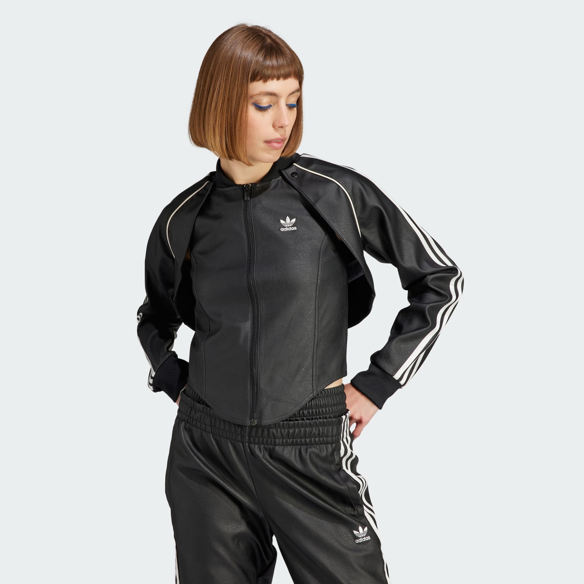 Women's Clothing - Faux Leather SST Versatile Track Jacket - Black