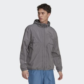 gray and white windbreaker