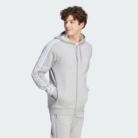 Polerón Con Capucha Essentials Fleece 3 Tiras Cierre Frontal Gris Hombre Sportswear