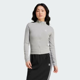 Chaqueta Deportiva Essentials Acanalada Cierre Frontal Gris Mujer Originals