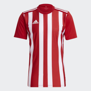 red and white hooped football shirt