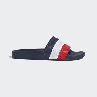 red white and blue adidas slides