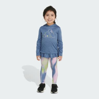 Children Lifestyle Blue Long Sleeve Hooded Mélange Top and Allover Print Tight Set