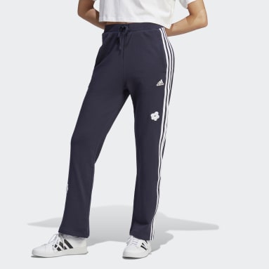 Women Sportswear Blue 3-Stripes High Rise Joggers with Chenille Flower Patches