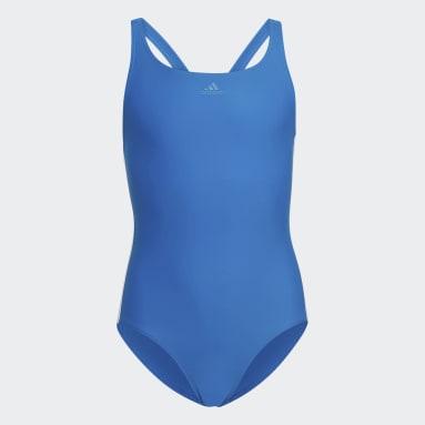 Girls Swimming Blue Athly V 3-Stripes Swimsuit