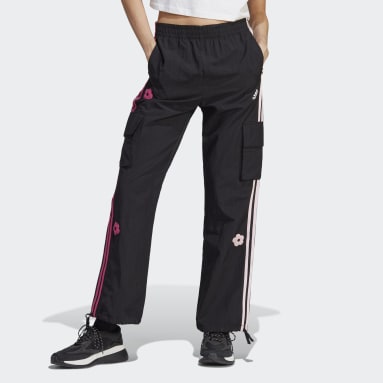 Pantalon cargo à 3 bandes avec patchs floraux en chenille noir Femmes Sportswear