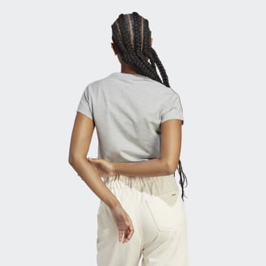 Camiseta Corta 3 Rayas con Parches Florales de Chenille Gris Mujer Sportswear
